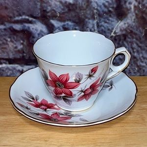 Royal Kent Bone China Teacup & Saucer Staffordshire England Salmonberry Flowers